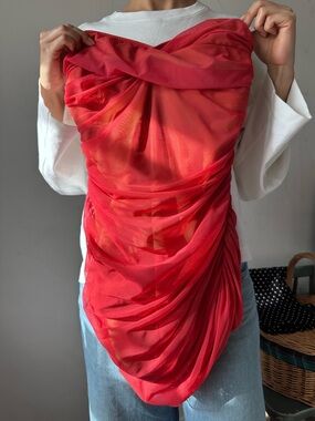 Norma Kamali red mesh one piece strapless swimsuit 
Size M